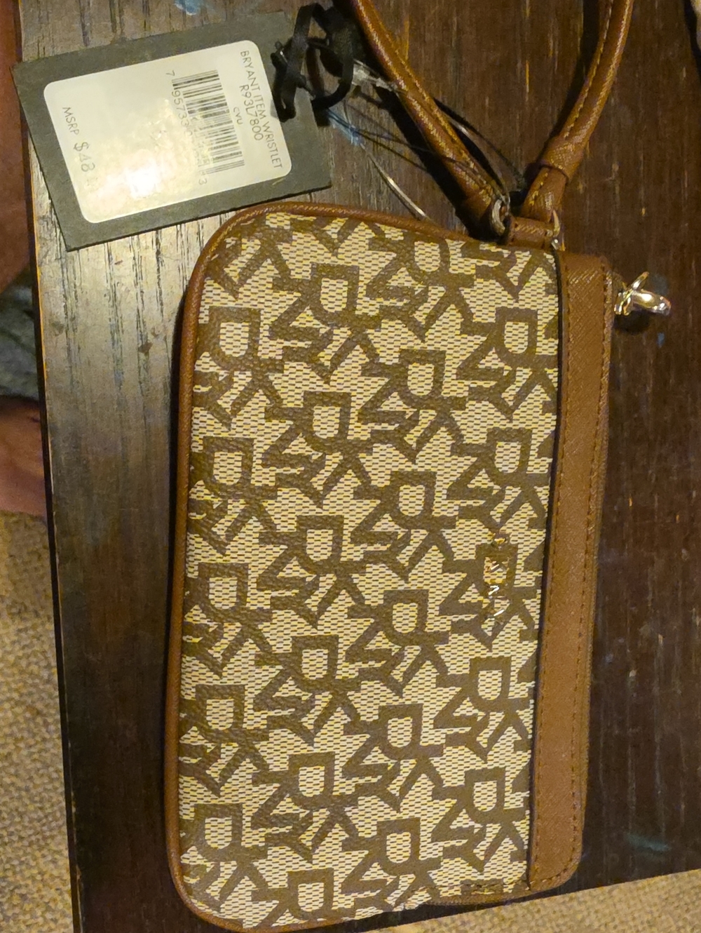 Designer-Style Brown Monogram Crossbody Wristlet DKNY